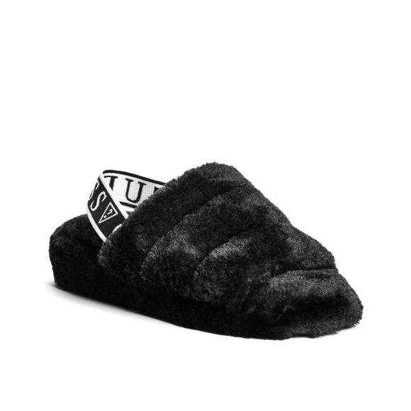 New GUESS Liddie Faux-Fur Black Slippers - Picture 1 of 4